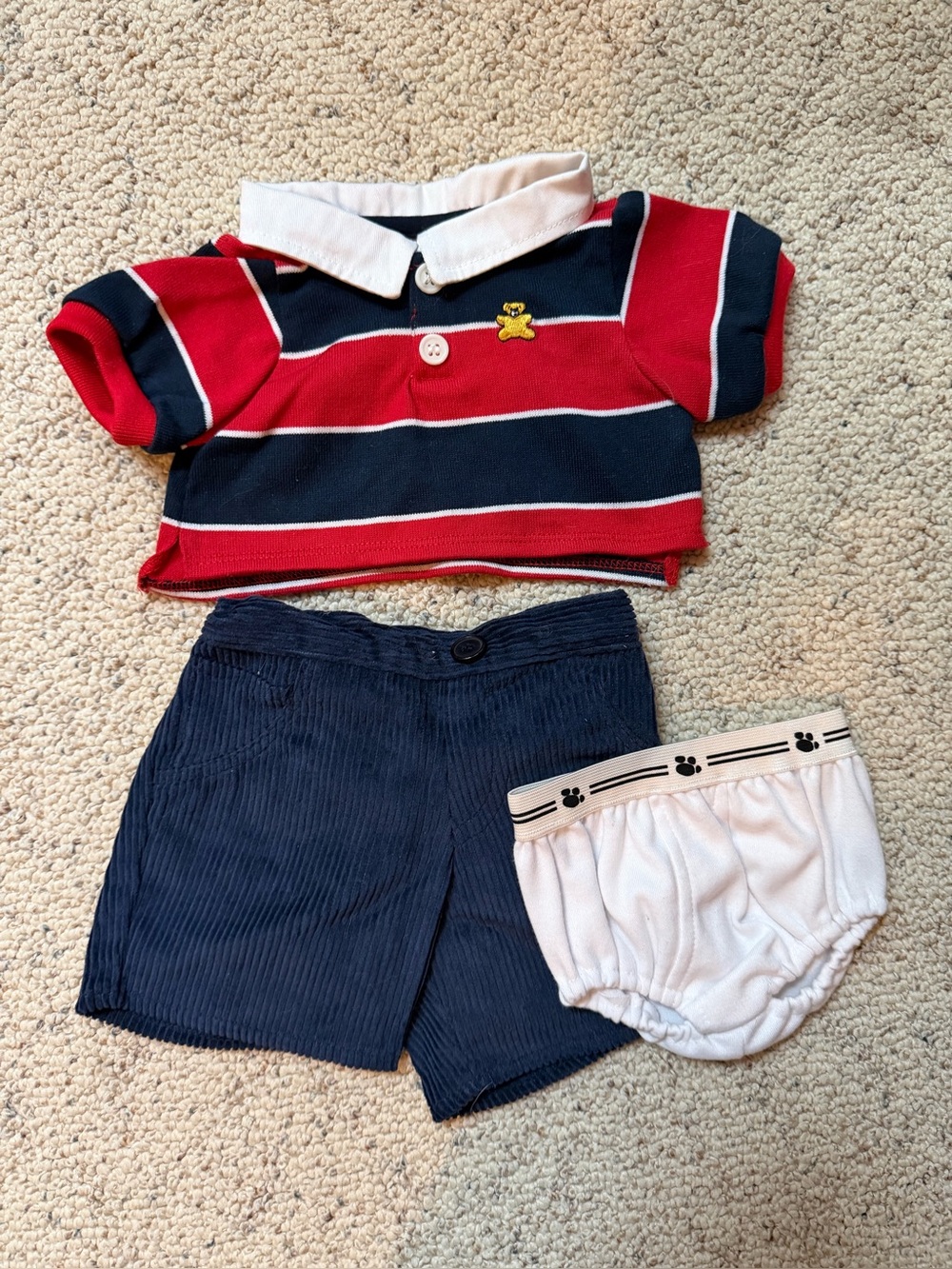 Build-A-Bear Red and Navy Striped Polo Set with Navy Shorts and White Bloomers